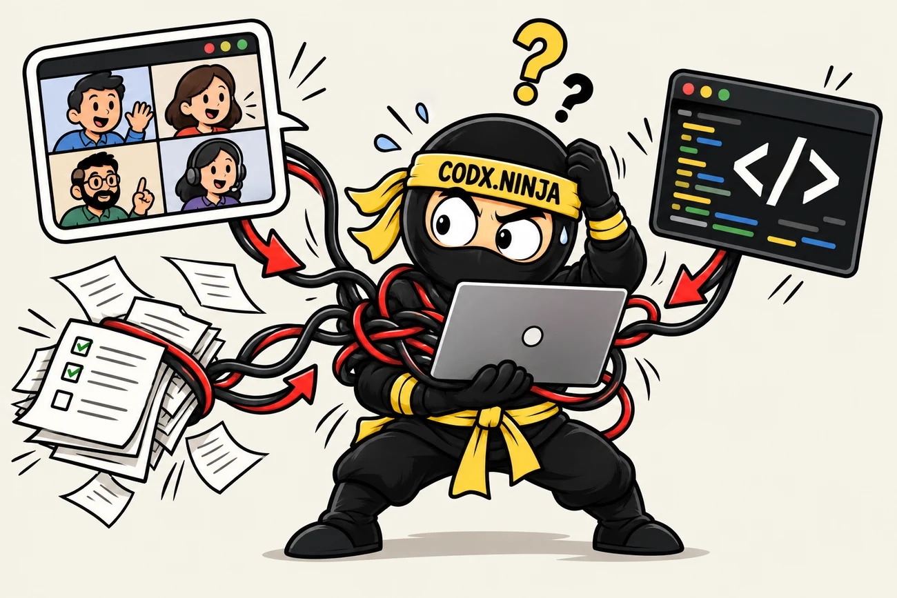 A busy Ninja is tangled in meeting messages, scattered task papers and code windows.
