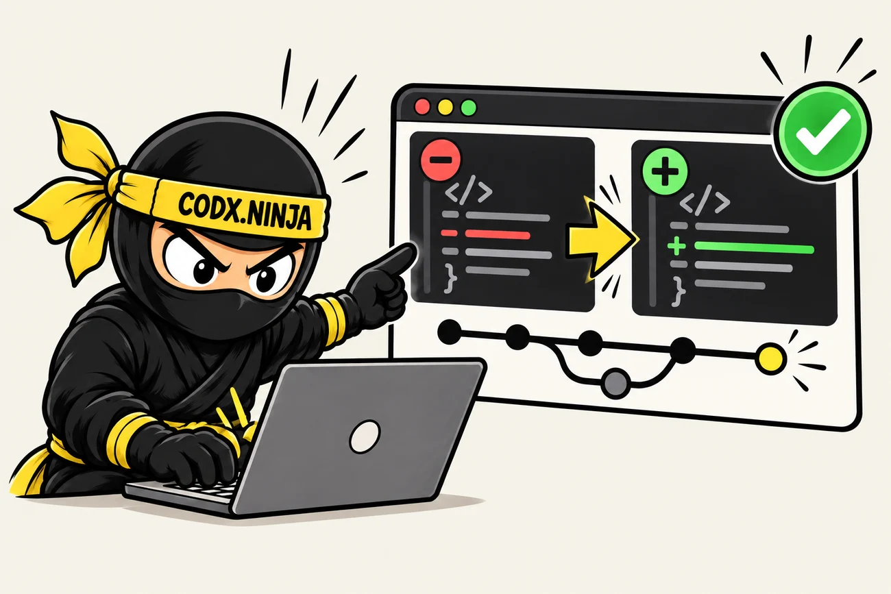 A Ninja prepares a code patch with a green test check and Git branches.