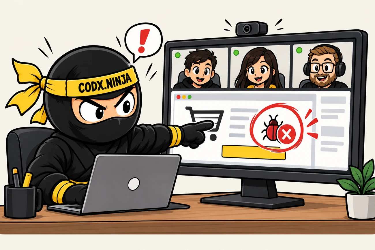 A Ninja shares a checkout bug with three teammates on a video call.