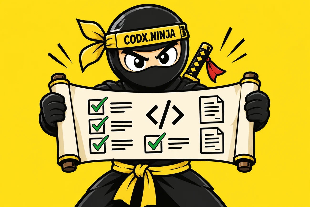 A Codx Ninja presents a comic mission report showing code, documents and completed checks.