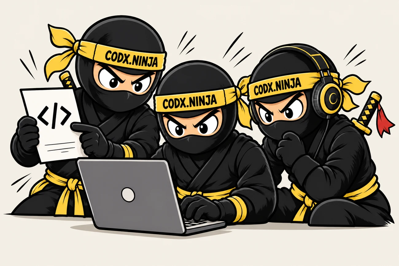Three familiar Codx Ninjas collaborate around a laptop: one shows a code sheet, one types, and one wears headphones.